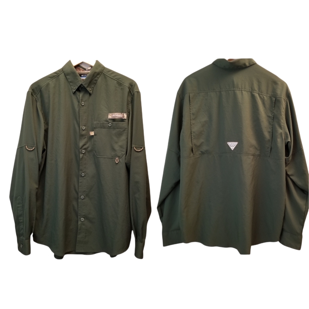 {M} Columbia PHG Army Camo Green Performance Hunting Gear Fishing Hiking Shirt